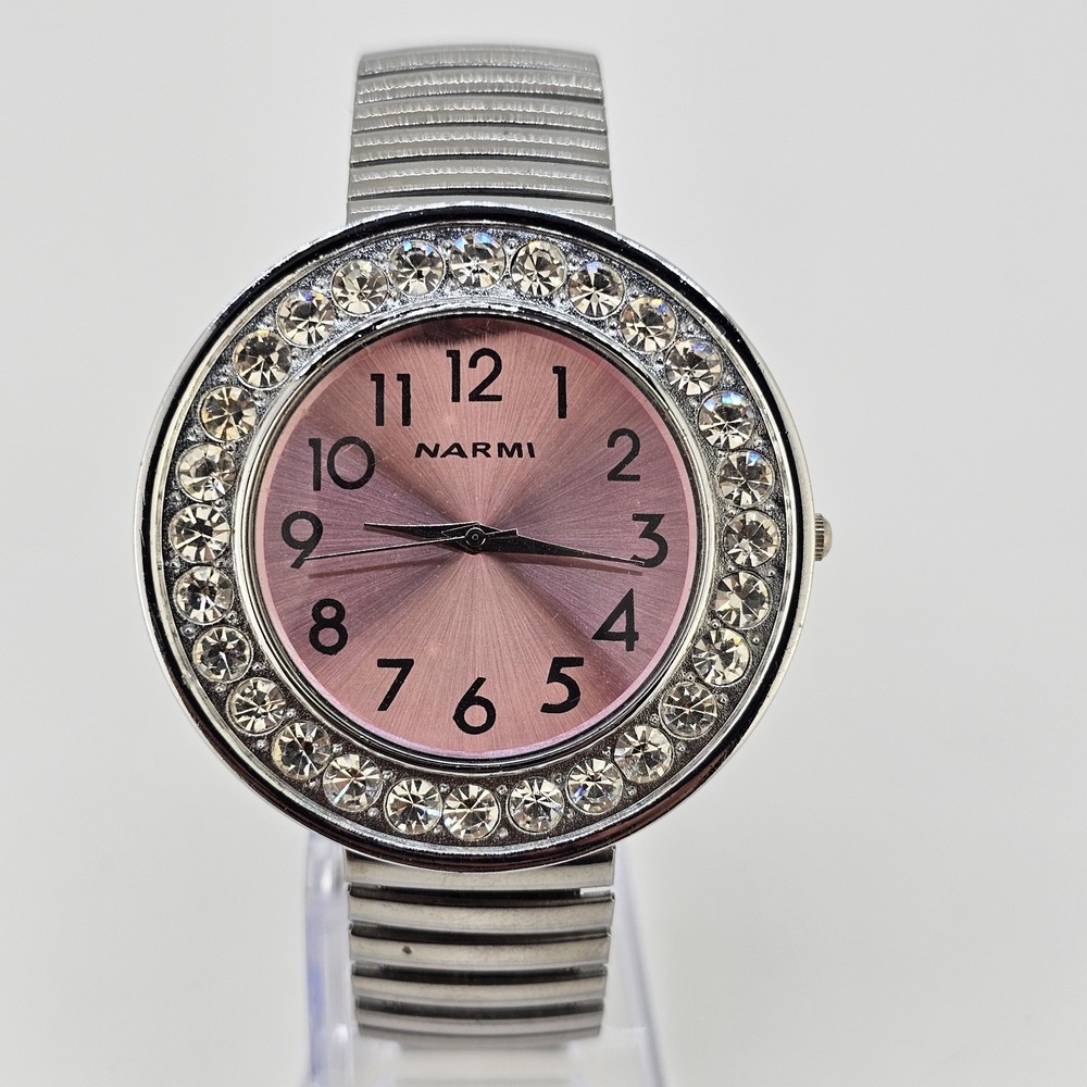 Narmi Women's Analog‎ Watch 48MM Pink Dial Gray Expandable Band 6" NEW Battery